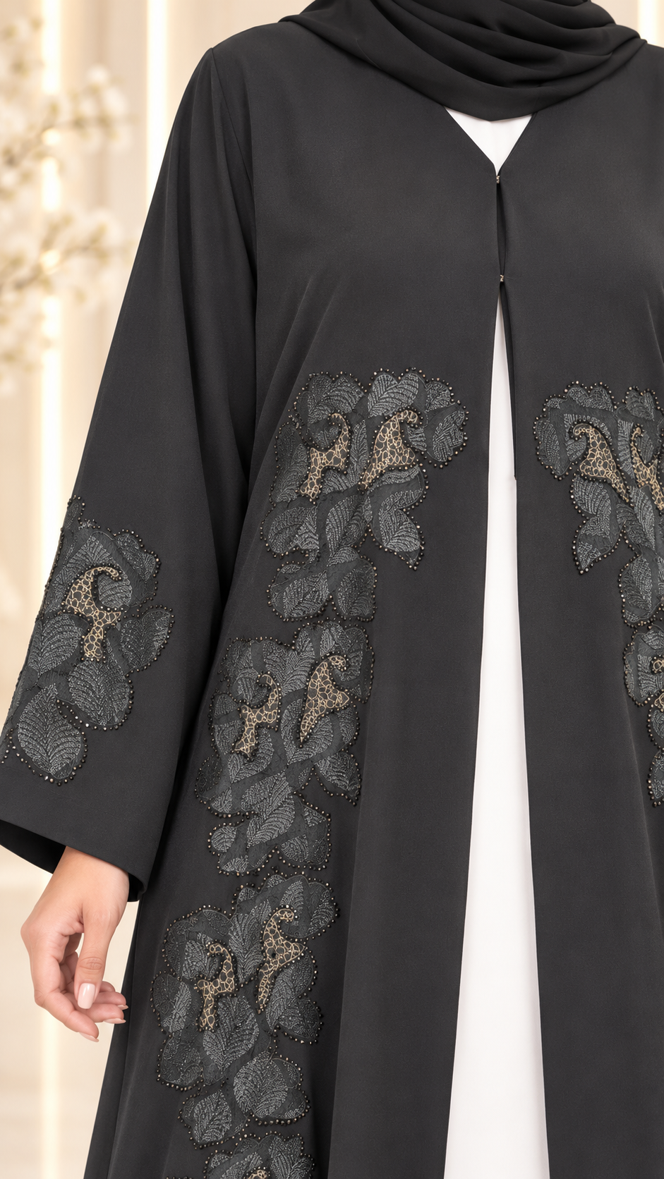 Midnight Bloom Black Open Abaya | Gold Accent & Beadwork | Tonal Floral | Luxury UAE | AF1016