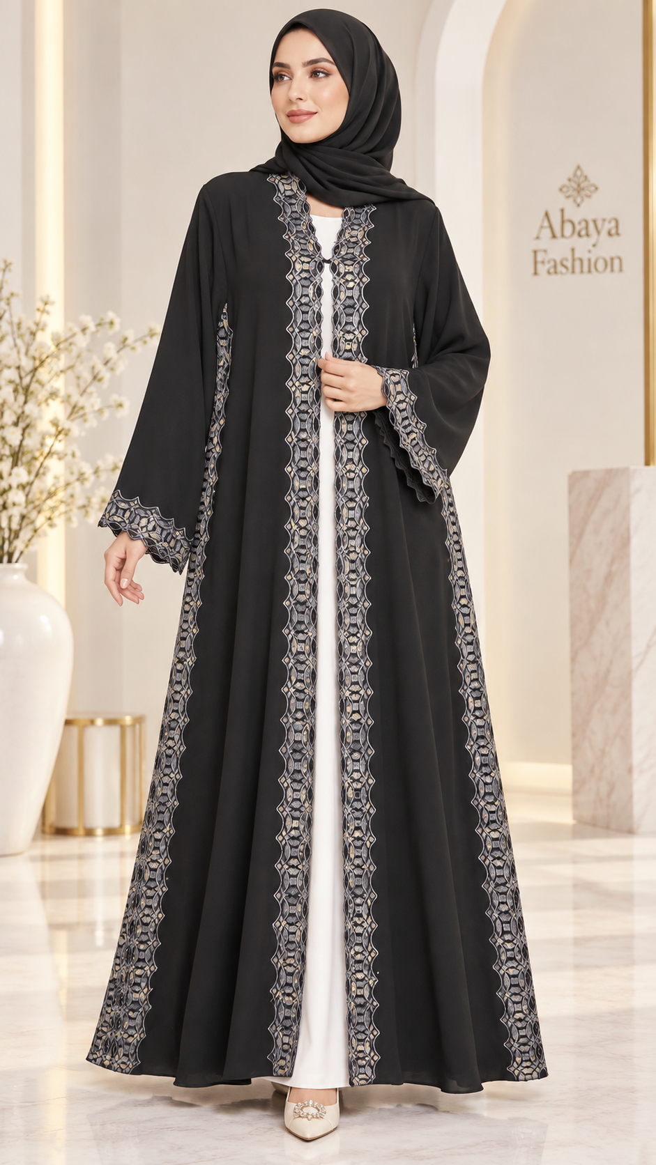 Luxury Black Open Abaya | Silver Trim & Beadwork | Matching Sheila | Occasion Wear UAE | AF1017