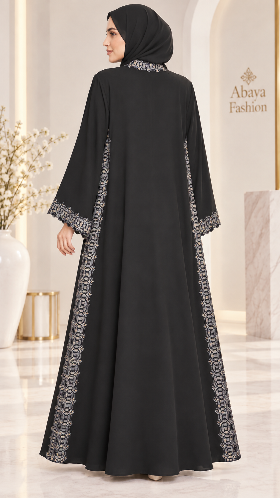 Luxury Black Open Abaya | Silver Trim & Beadwork | Matching Sheila | Occasion Wear UAE | AF1017