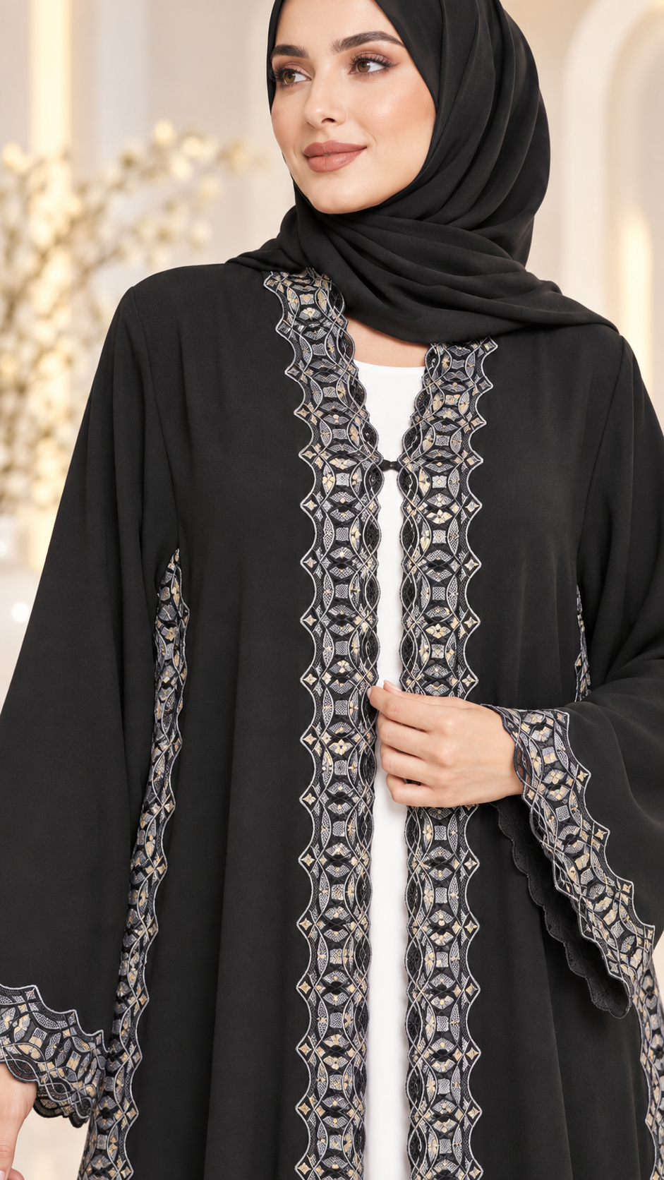 Luxury Black Open Abaya | Silver Trim & Beadwork | Matching Sheila | Occasion Wear UAE | AF1017