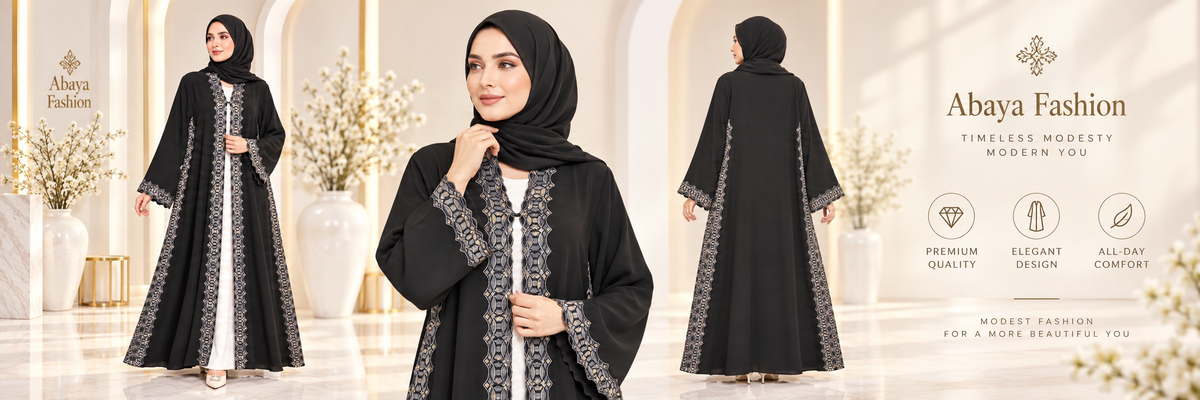 Luxury Black Open Abaya | Silver Trim & Beadwork | Matching Sheila | Occasion Wear UAE | AF1017