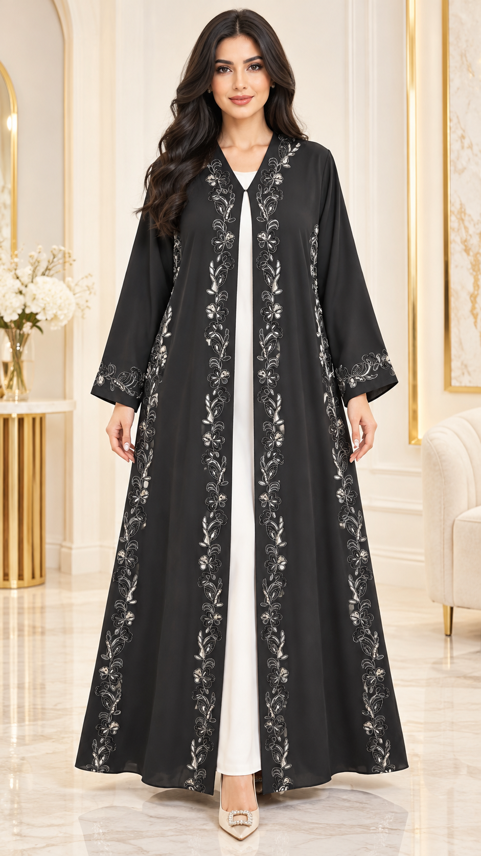 Silver Floral Embroidered Black Open Abaya | Nida PEB | Elegant Modest Wear UAE | AF1018