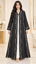 Silver Floral Embroidered Black Open Abaya | Nida PEB | Elegant Modest Wear UAE | AF1018