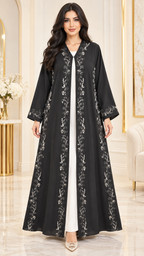 Silver Floral Embroidered Black Open Abaya | Nida PEB | Elegant Modest Wear UAE | AF1018