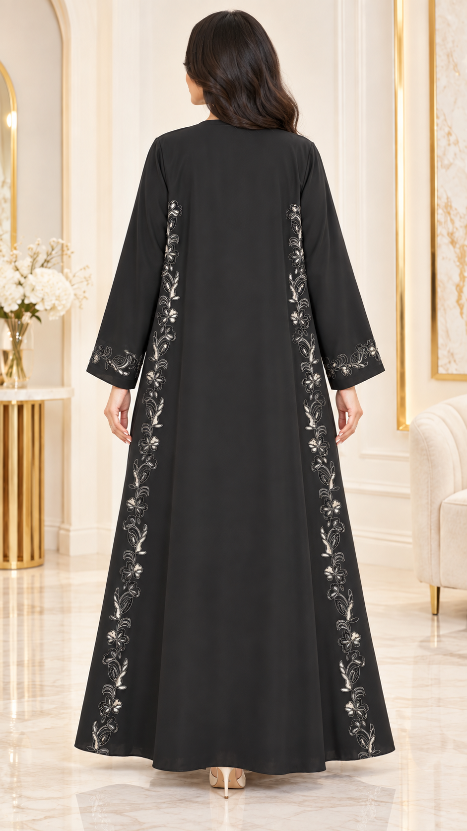 Silver Floral Embroidered Black Open Abaya | Nida PEB | Elegant Modest Wear UAE | AF1018