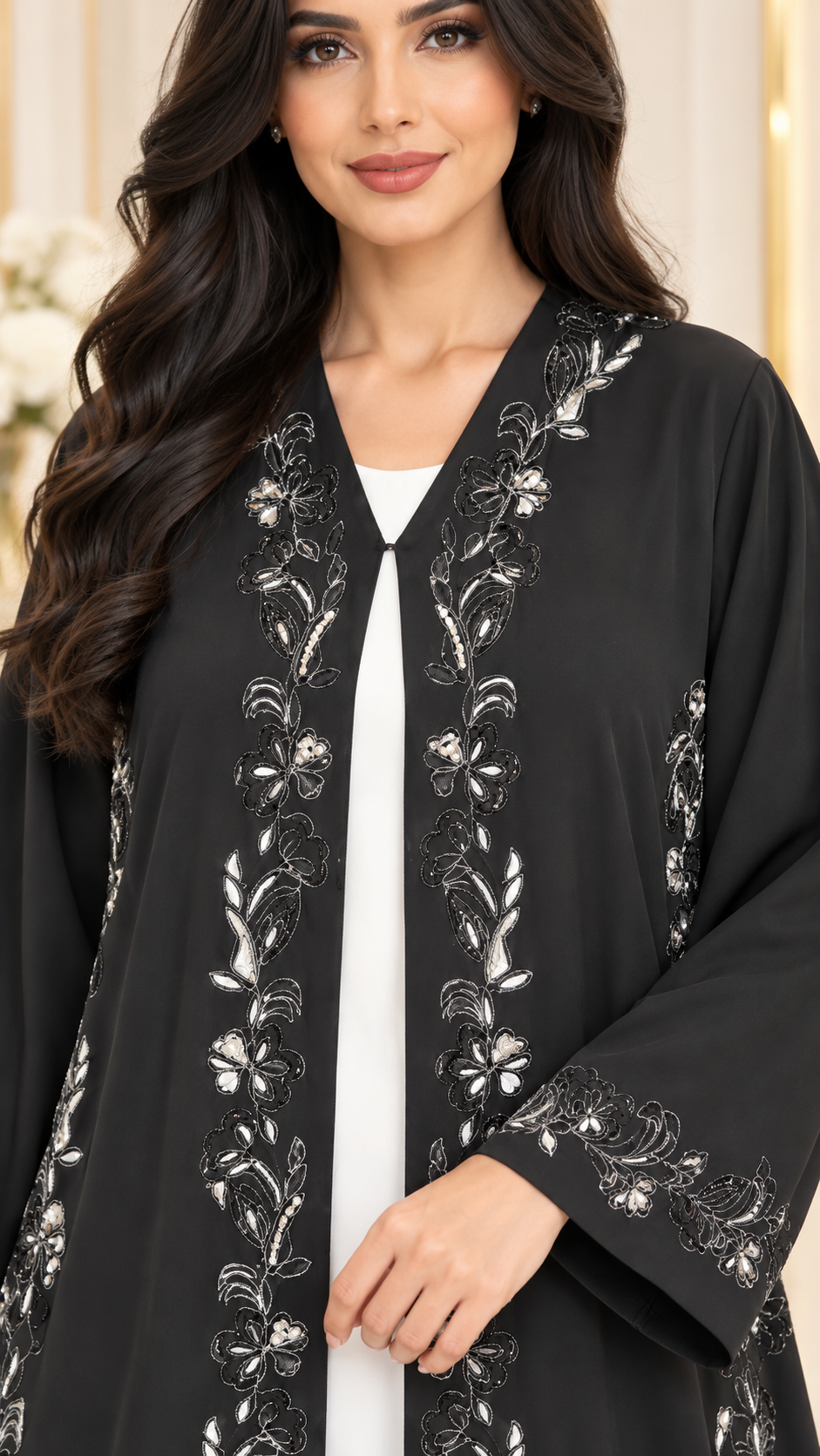 Silver Floral Embroidered Black Open Abaya | Nida PEB | Elegant Modest Wear UAE | AF1018