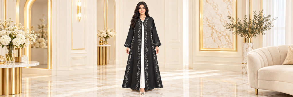 Silver Floral Embroidered Black Open Abaya | Nida PEB | Elegant Modest Wear UAE | AF1018