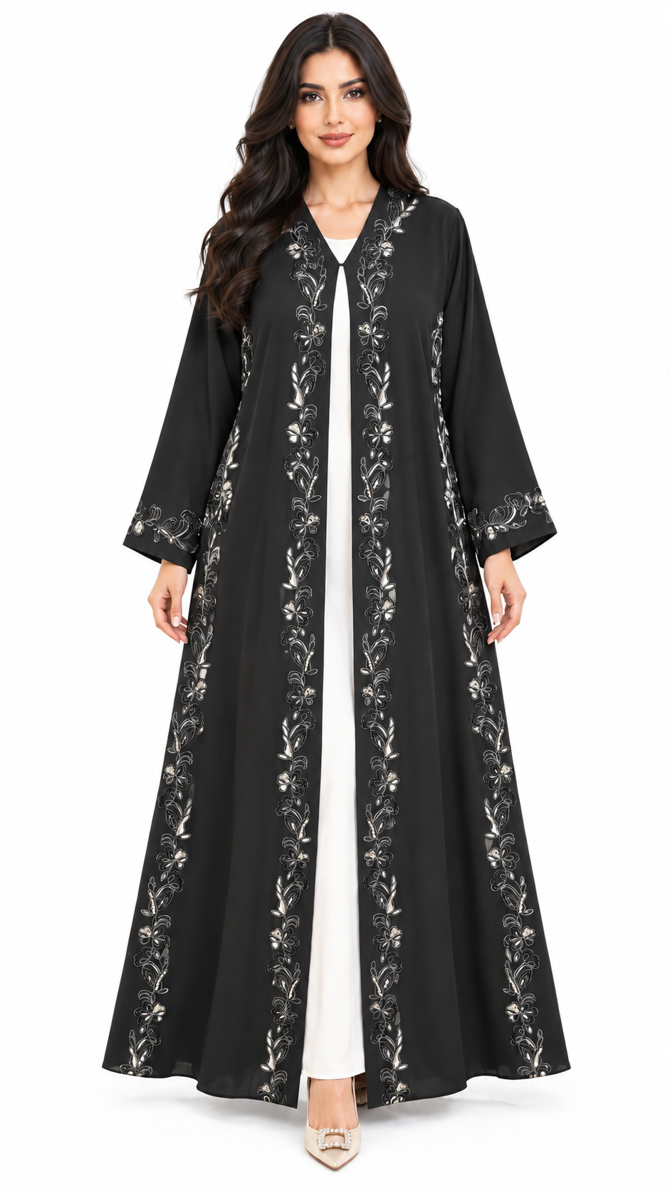 Silver Floral Embroidered Black Open Abaya | Nida PEB | Elegant Modest Wear UAE | AF1018