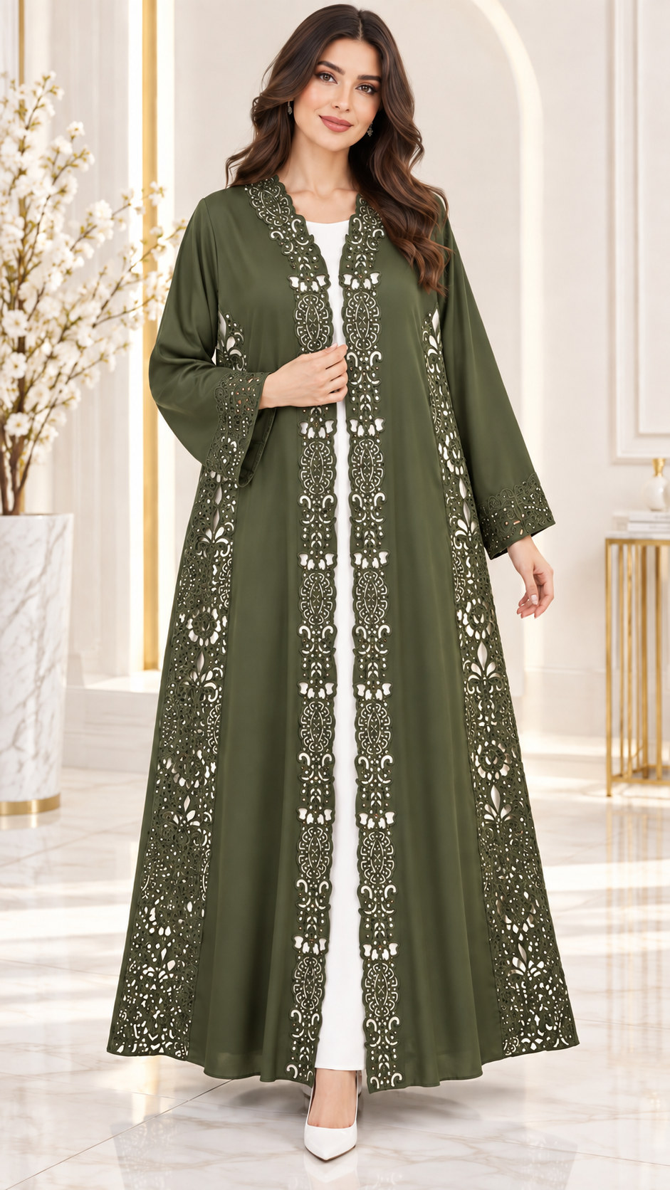Royal Floral Cutwork Stone Abaya - AF1020