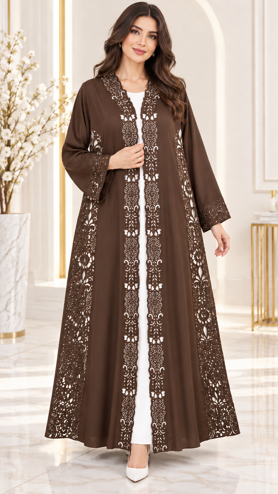 Royal Floral Cutwork Stone Abaya - AF1020