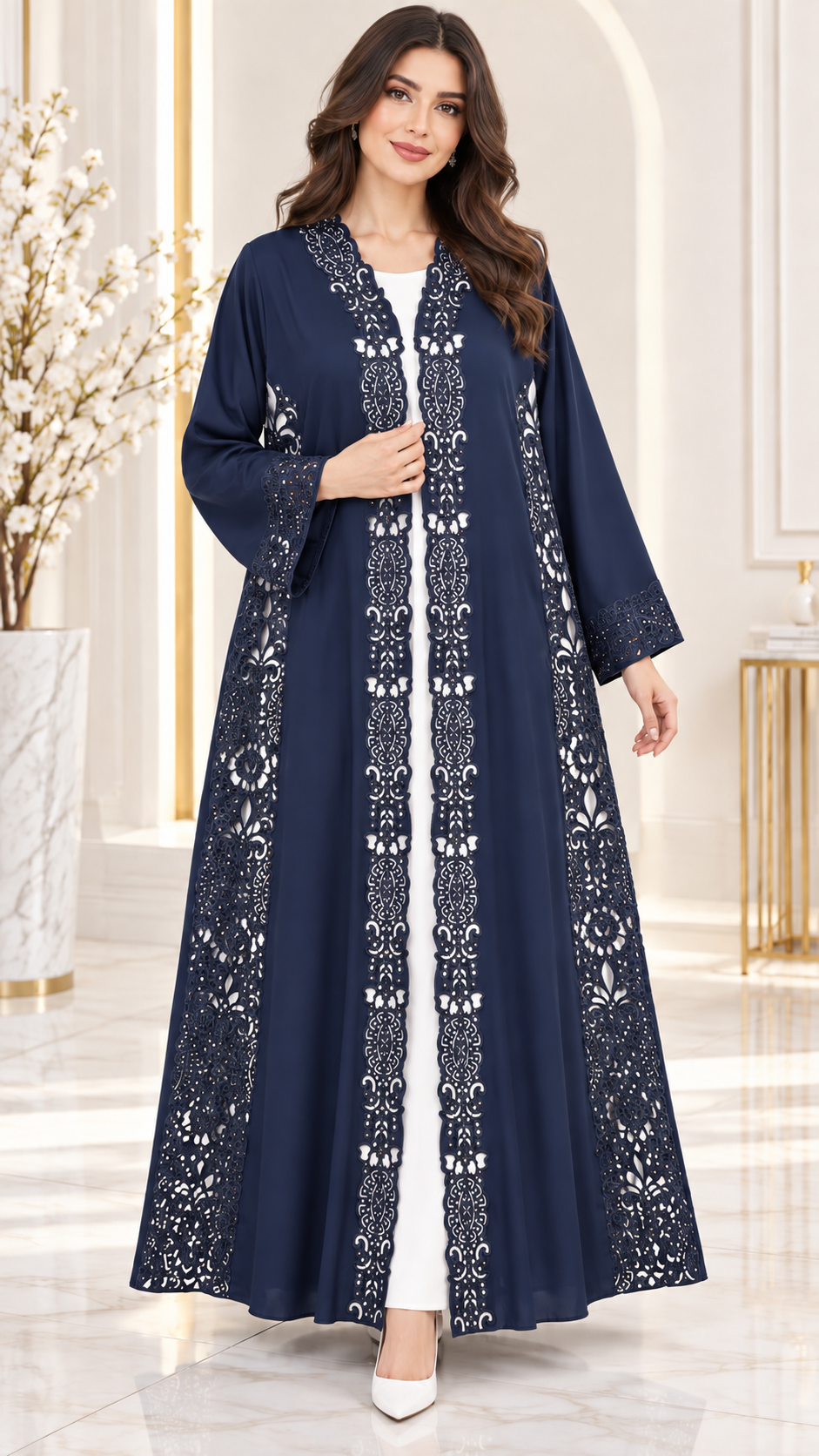 Royal Floral Cutwork Stone Abaya - AF1020