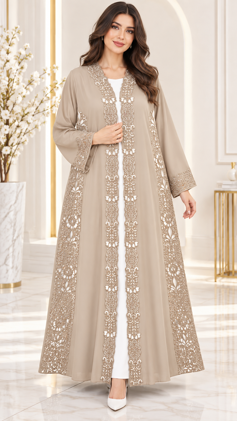 Royal Floral Cutwork Stone Abaya - AF1020