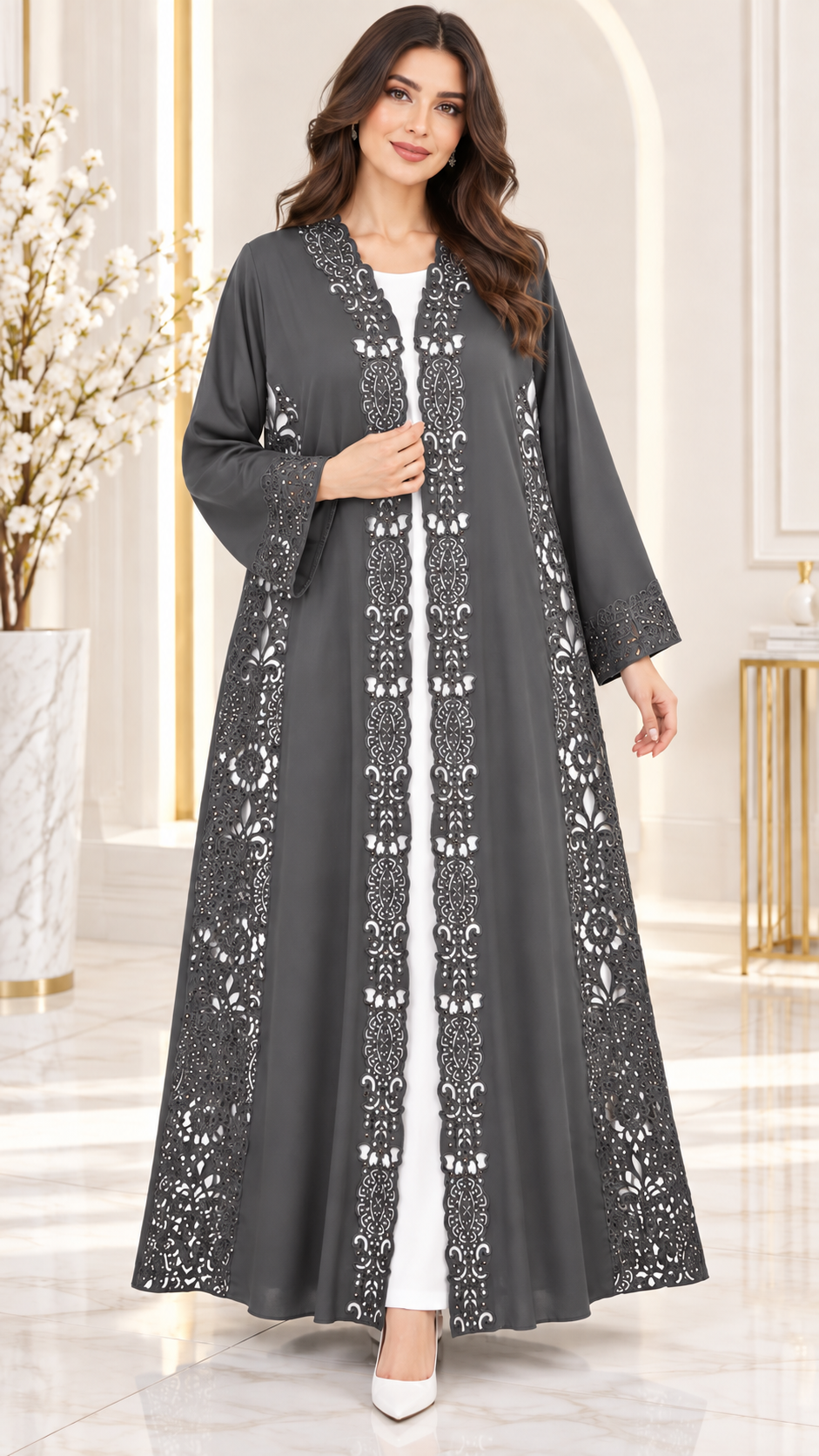 Royal Floral Cutwork Stone Abaya - AF1020