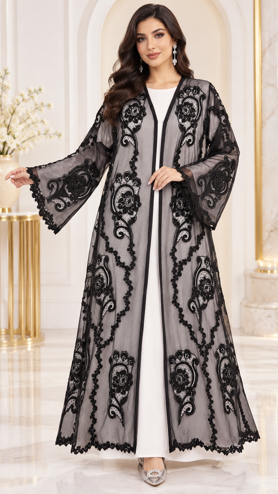 Shaadi Black Floral Net Embellished Abaya - AF1021
