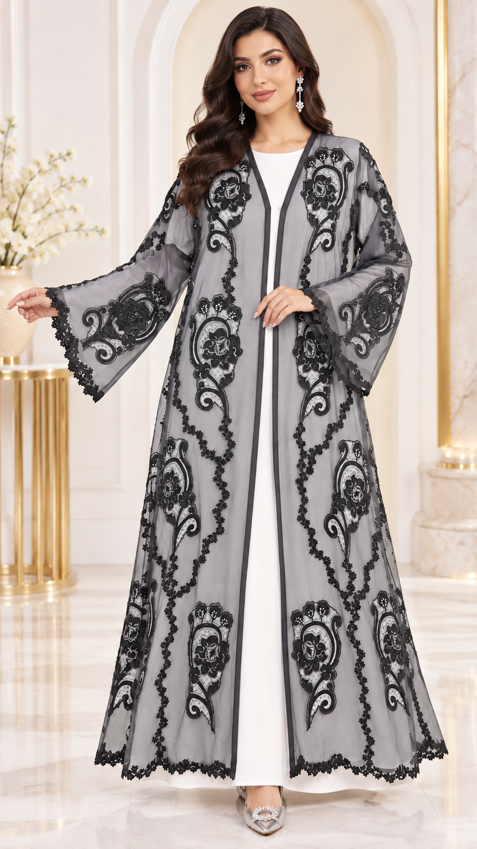 Shaadi Black Floral Net Embellished Abaya - AF1021