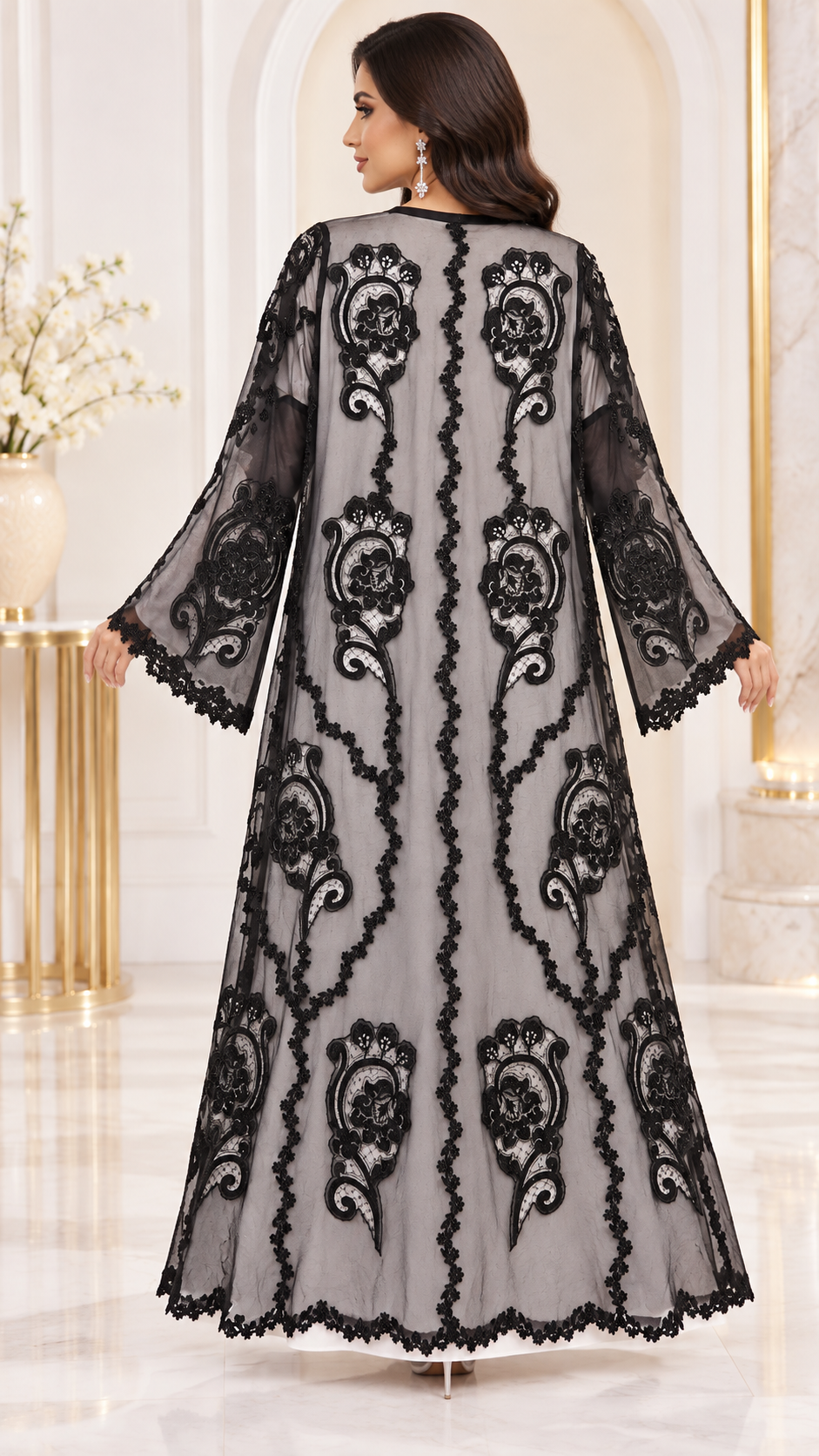 Shaadi Black Floral Net Embellished Abaya - AF1021