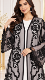Shaadi Black Floral Net Embellished Abaya - AF1021