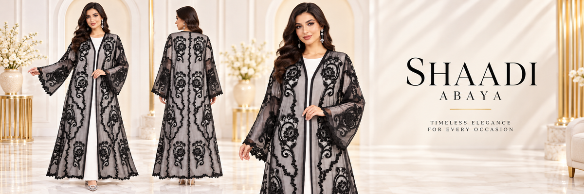 Shaadi Black Floral Net Embellished Abaya - AF1021