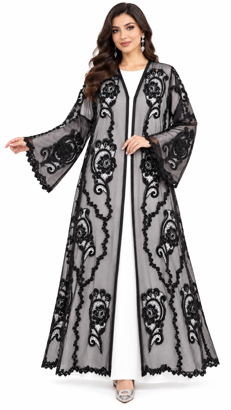 Shaadi Black Floral Net Embellished Abaya - AF1021