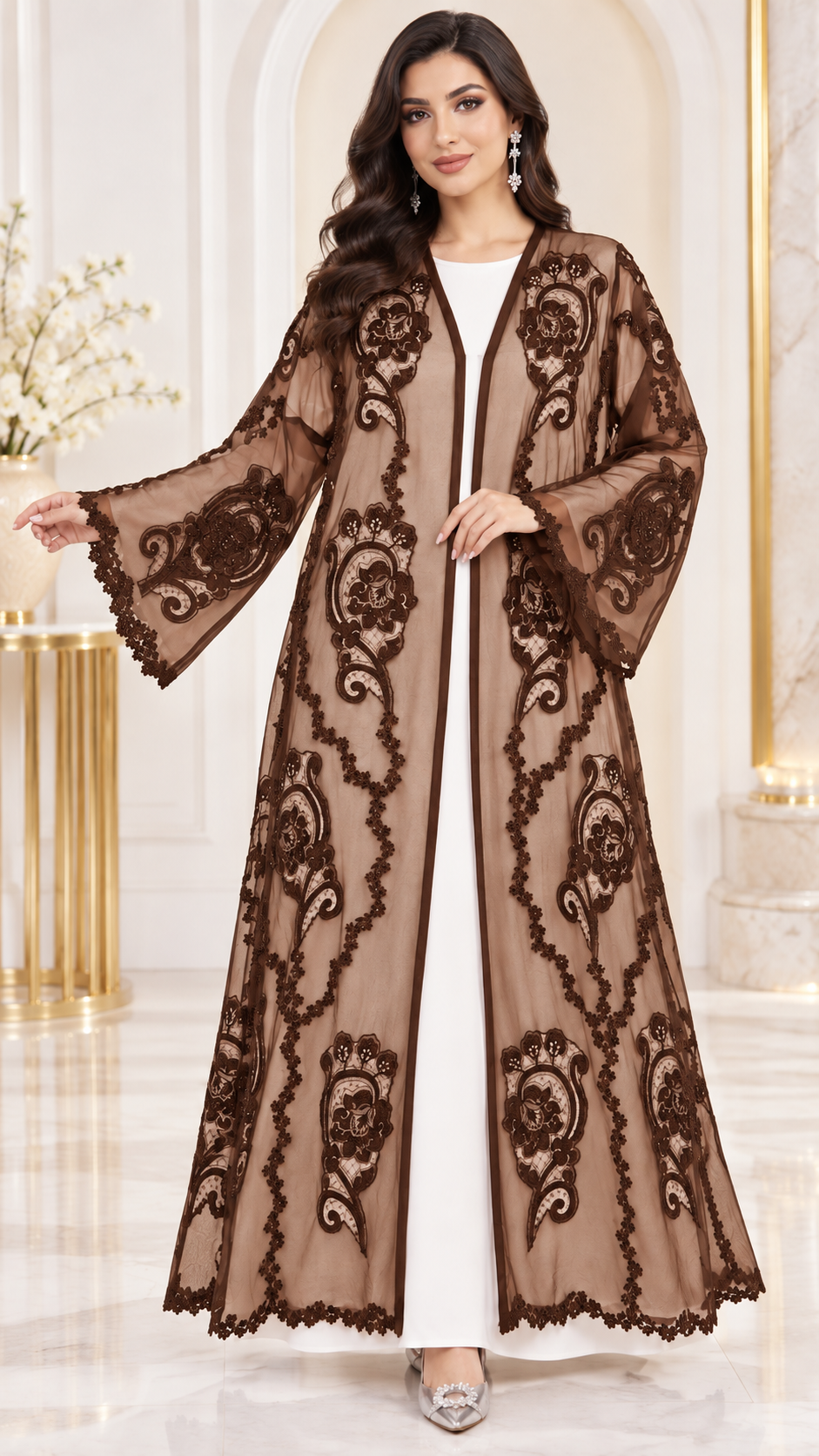 Shaadi Black Floral Net Embellished Abaya - AF1021