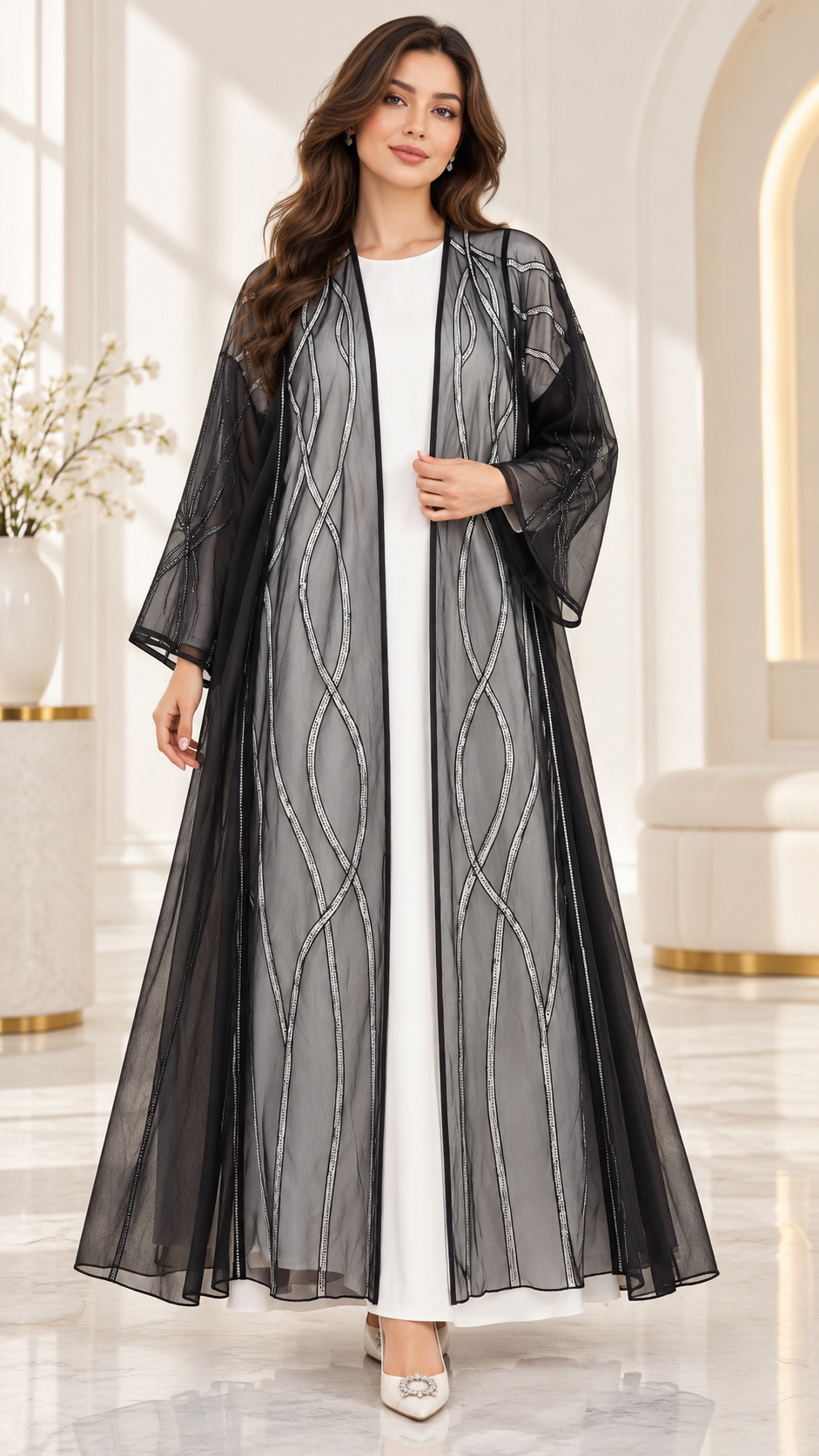 Shaadi Silver Wave Sheer Abaya - AF1022
