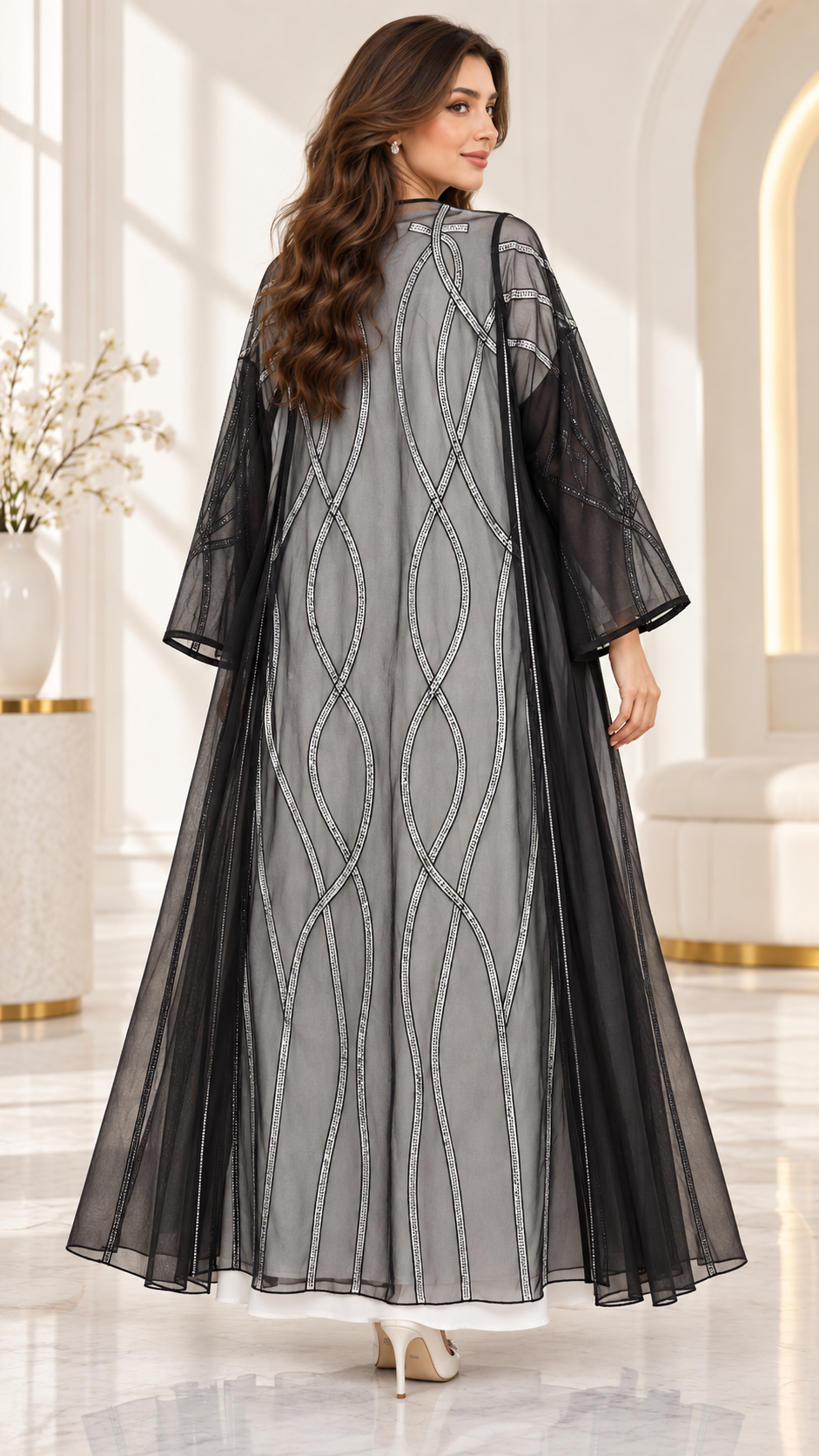 Shaadi Silver Wave Sheer Abaya - AF1022