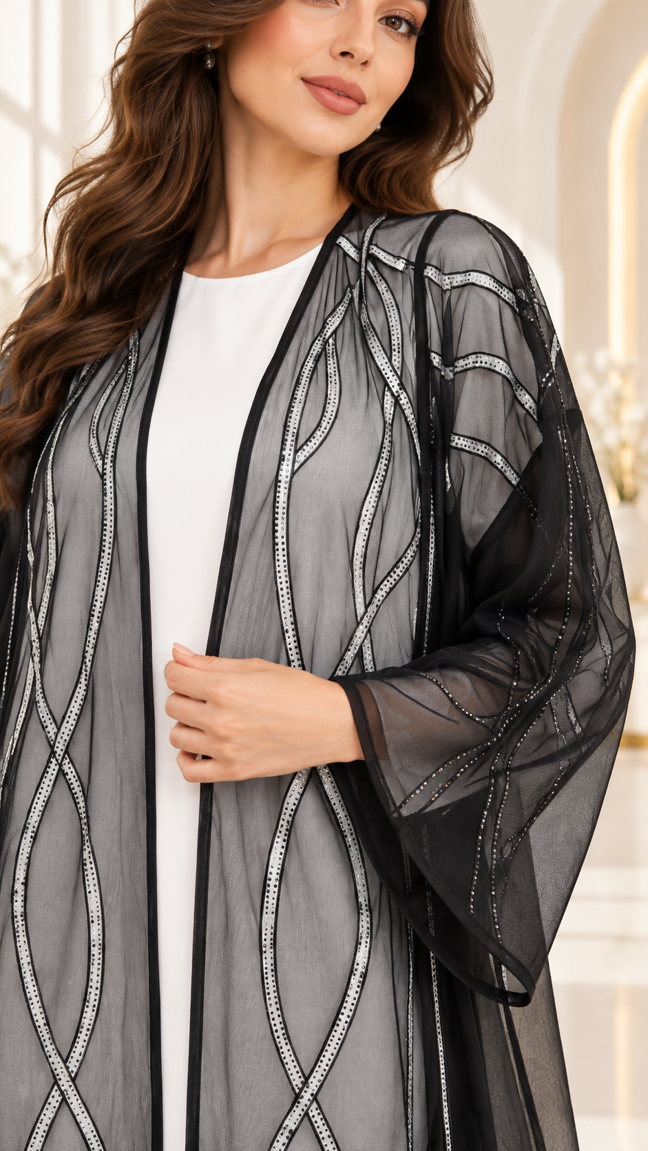 Shaadi Silver Wave Sheer Abaya - AF1022