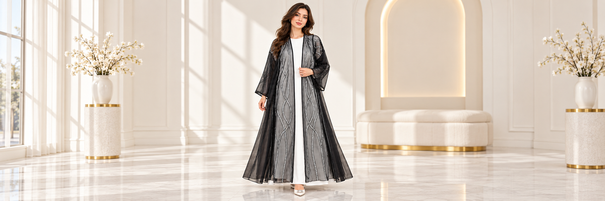 Shaadi Silver Wave Sheer Abaya - AF1022