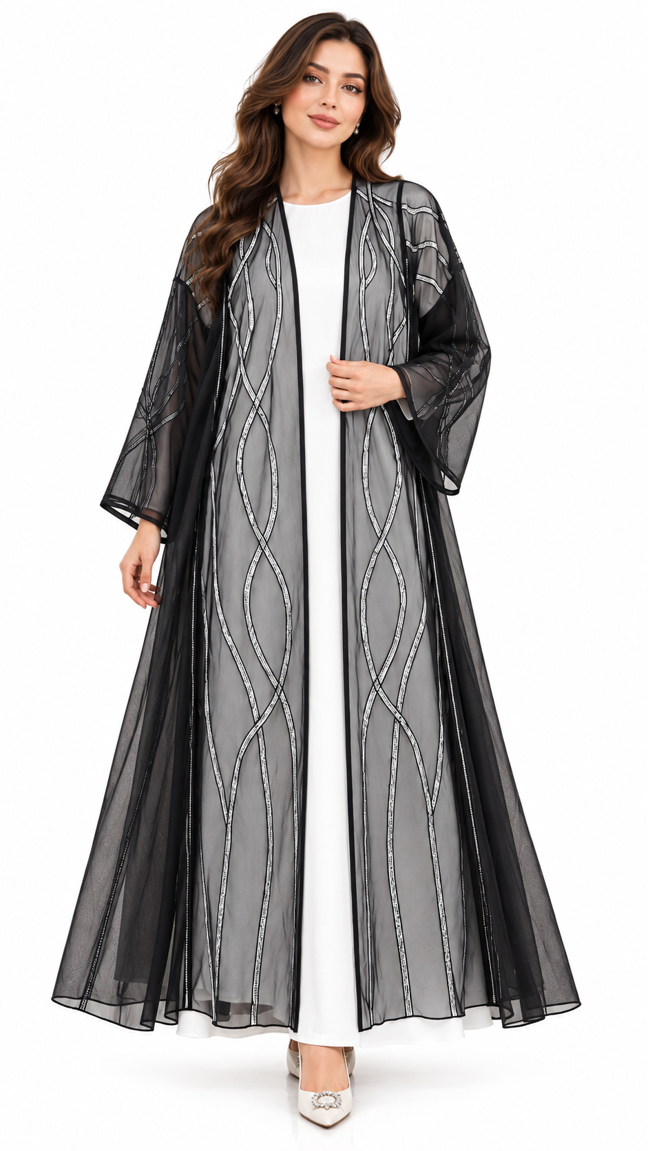 Shaadi Silver Wave Sheer Abaya - AF1022