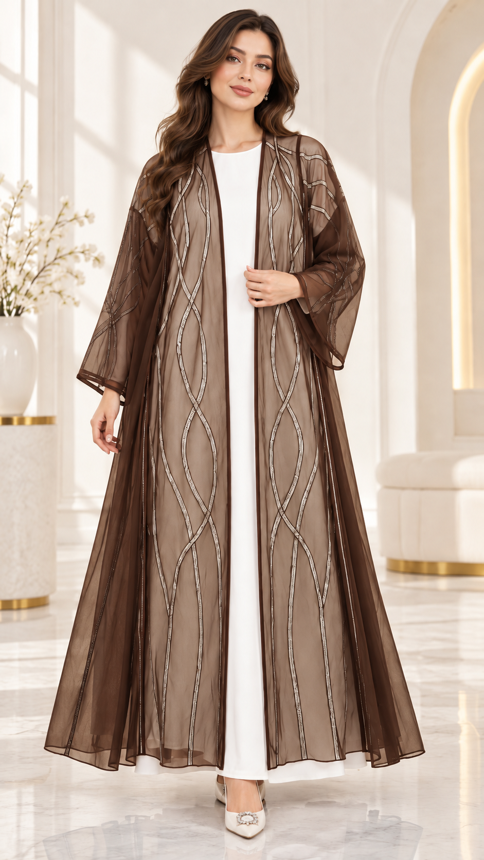 Shaadi Silver Wave Sheer Abaya - AF1022