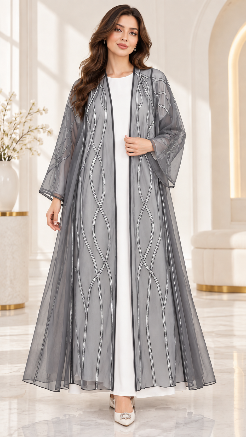 Shaadi Silver Wave Sheer Abaya - AF1022
