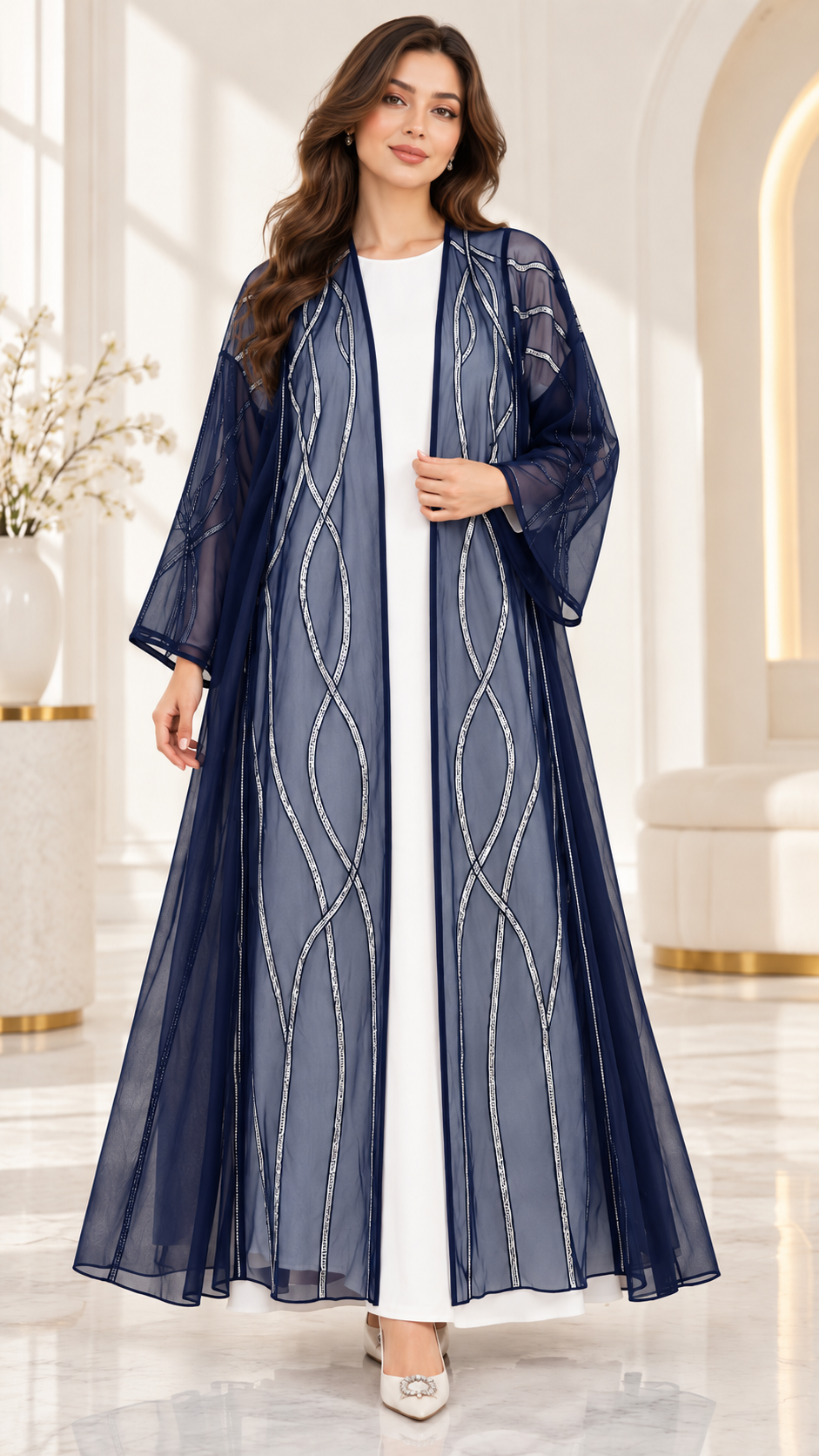 Shaadi Silver Wave Sheer Abaya - AF1022