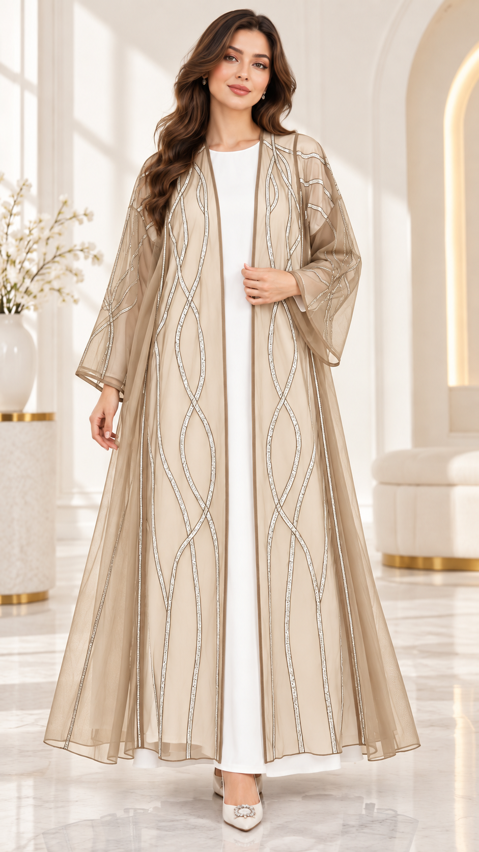 Shaadi Silver Wave Sheer Abaya - AF1022