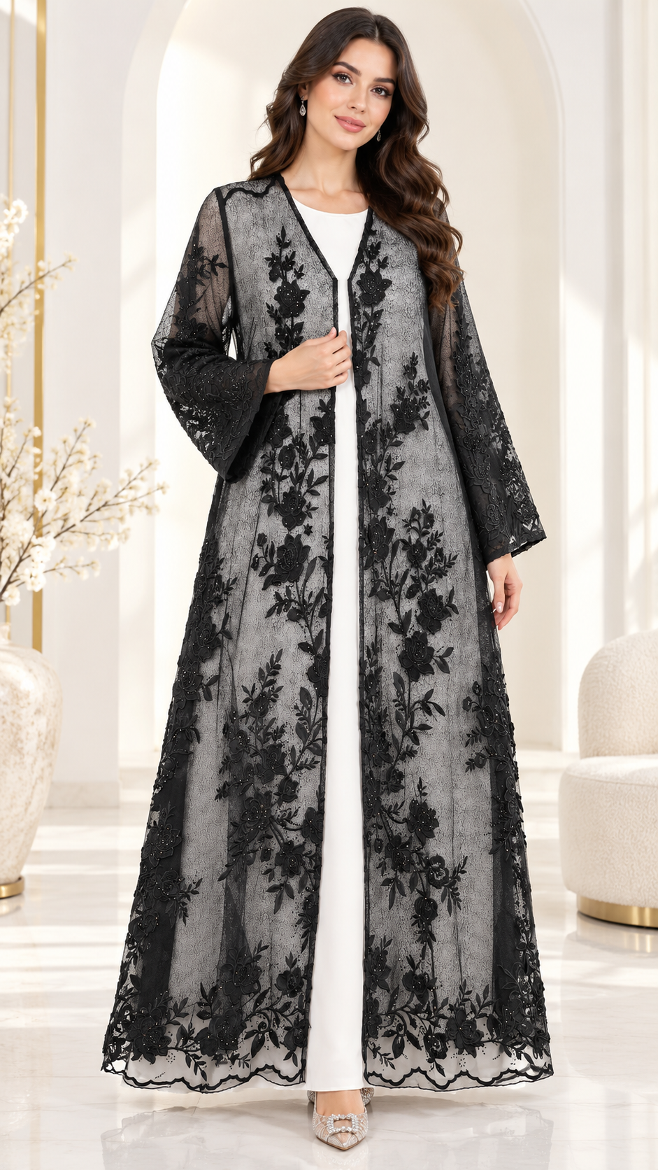 Shaadi Noir Floral Lace Abaya - AF1023