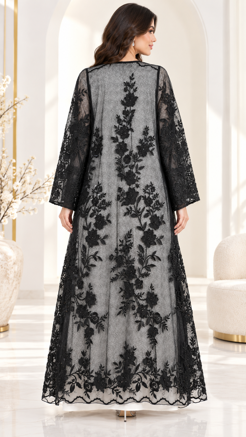 Shaadi Noir Floral Lace Abaya - AF1023