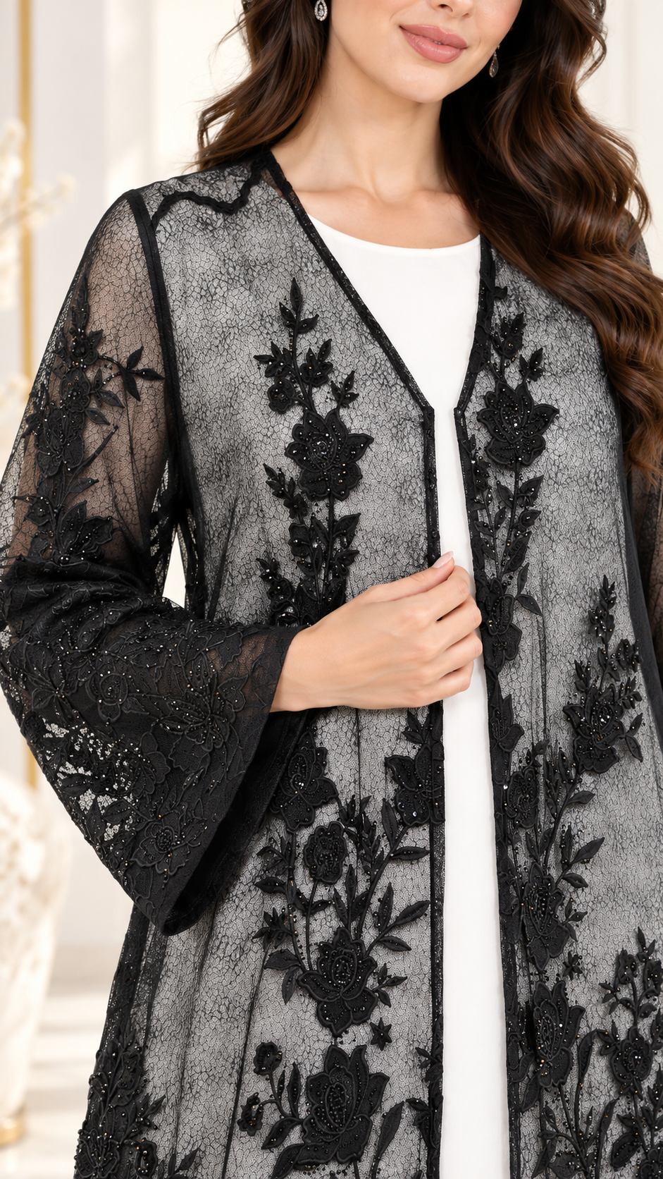 Shaadi Noir Floral Lace Abaya - AF1023