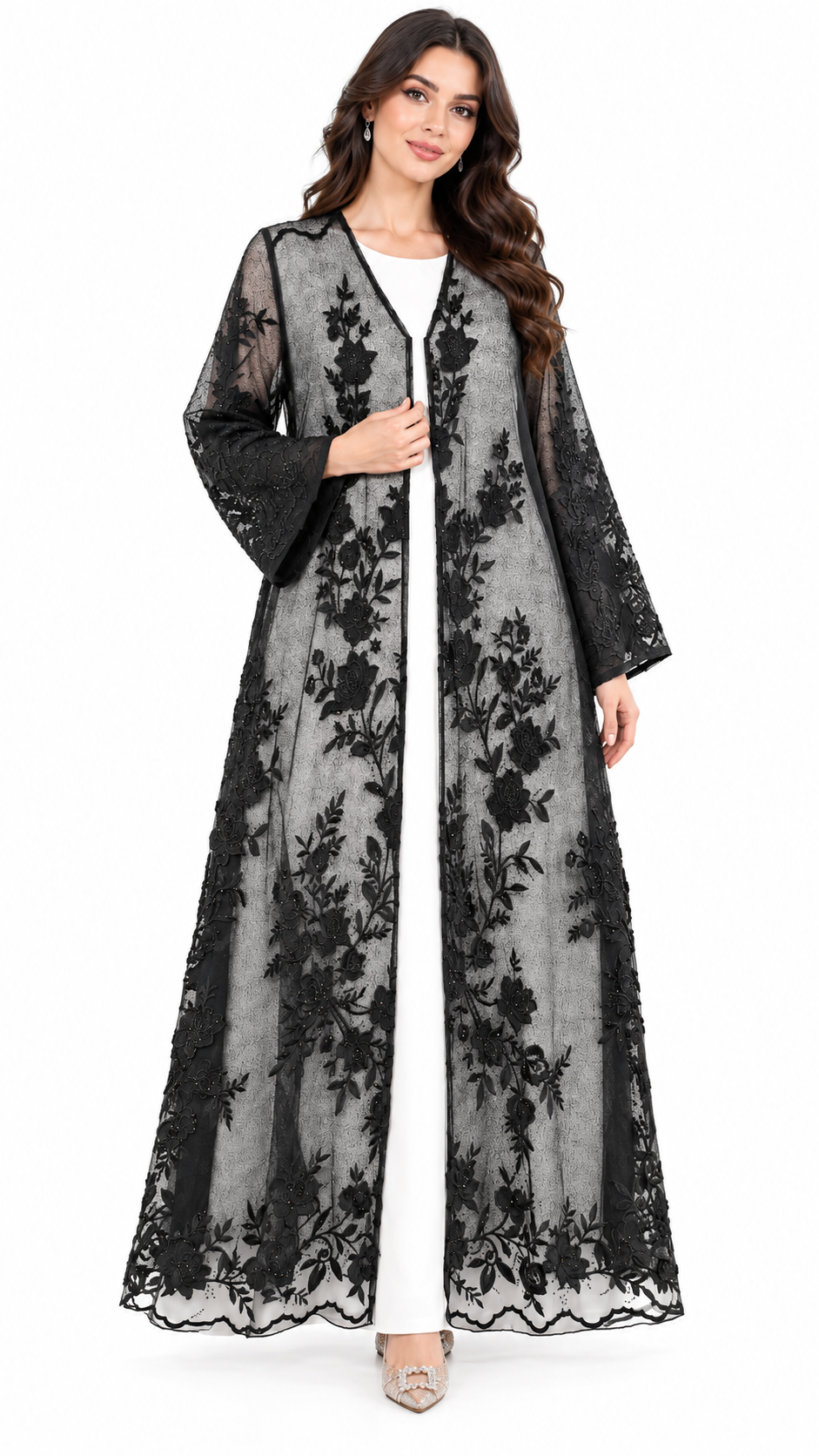 Shaadi Noir Floral Lace Abaya - AF1023