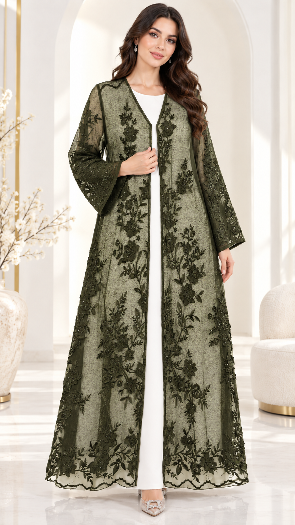 Shaadi Noir Floral Lace Abaya - AF1023