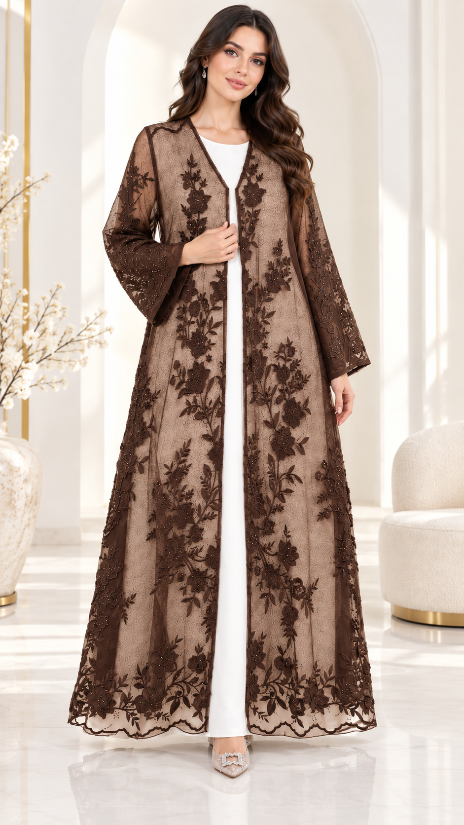 Shaadi Noir Floral Lace Abaya - AF1023