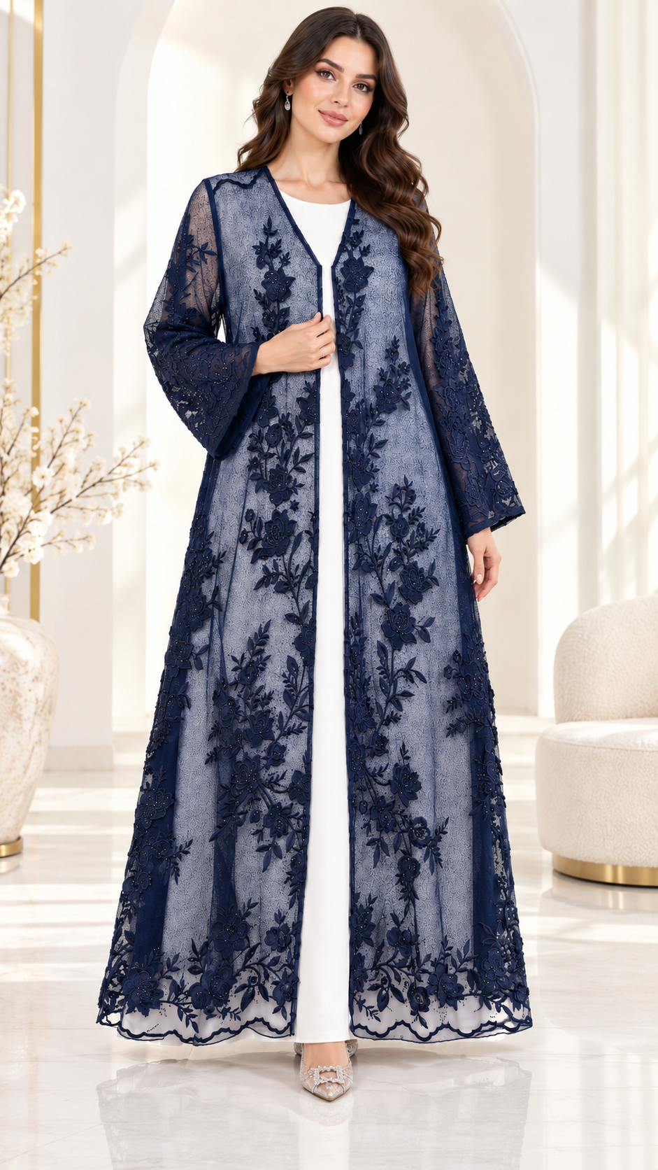 Shaadi Noir Floral Lace Abaya - AF1023