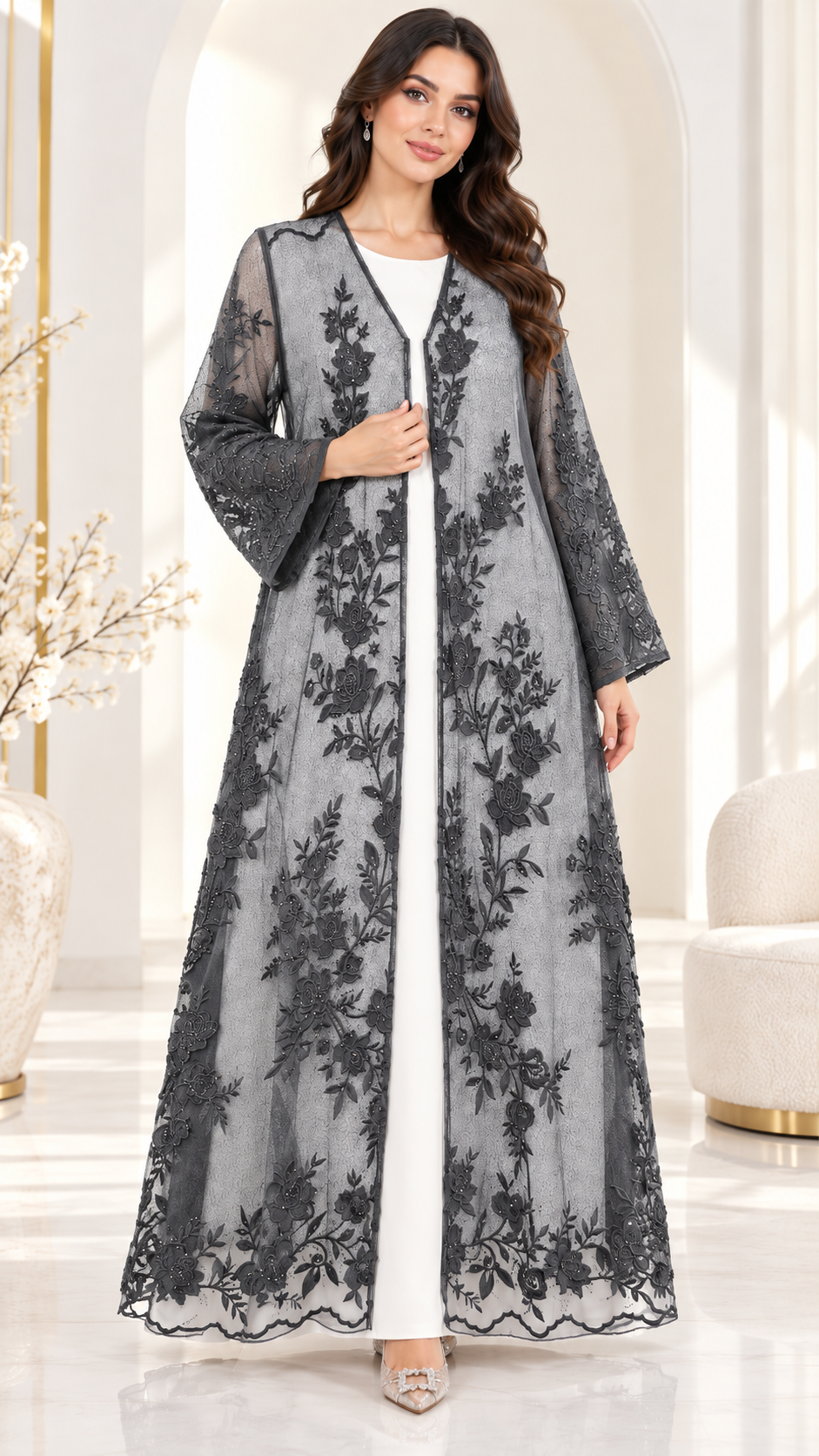 Shaadi Noir Floral Lace Abaya - AF1023