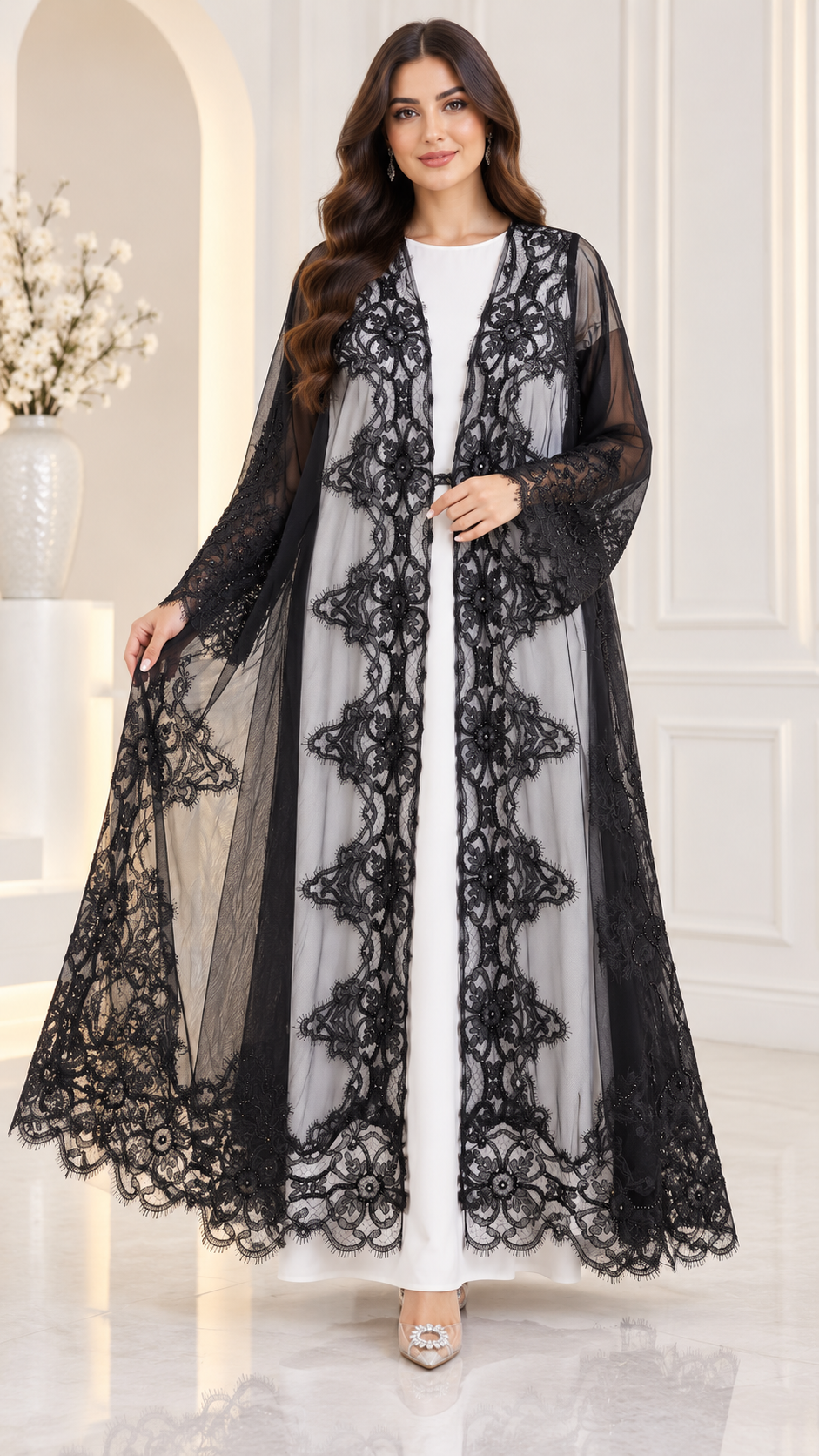 Shaadi Noir Floral Lace Abaya - AF1024