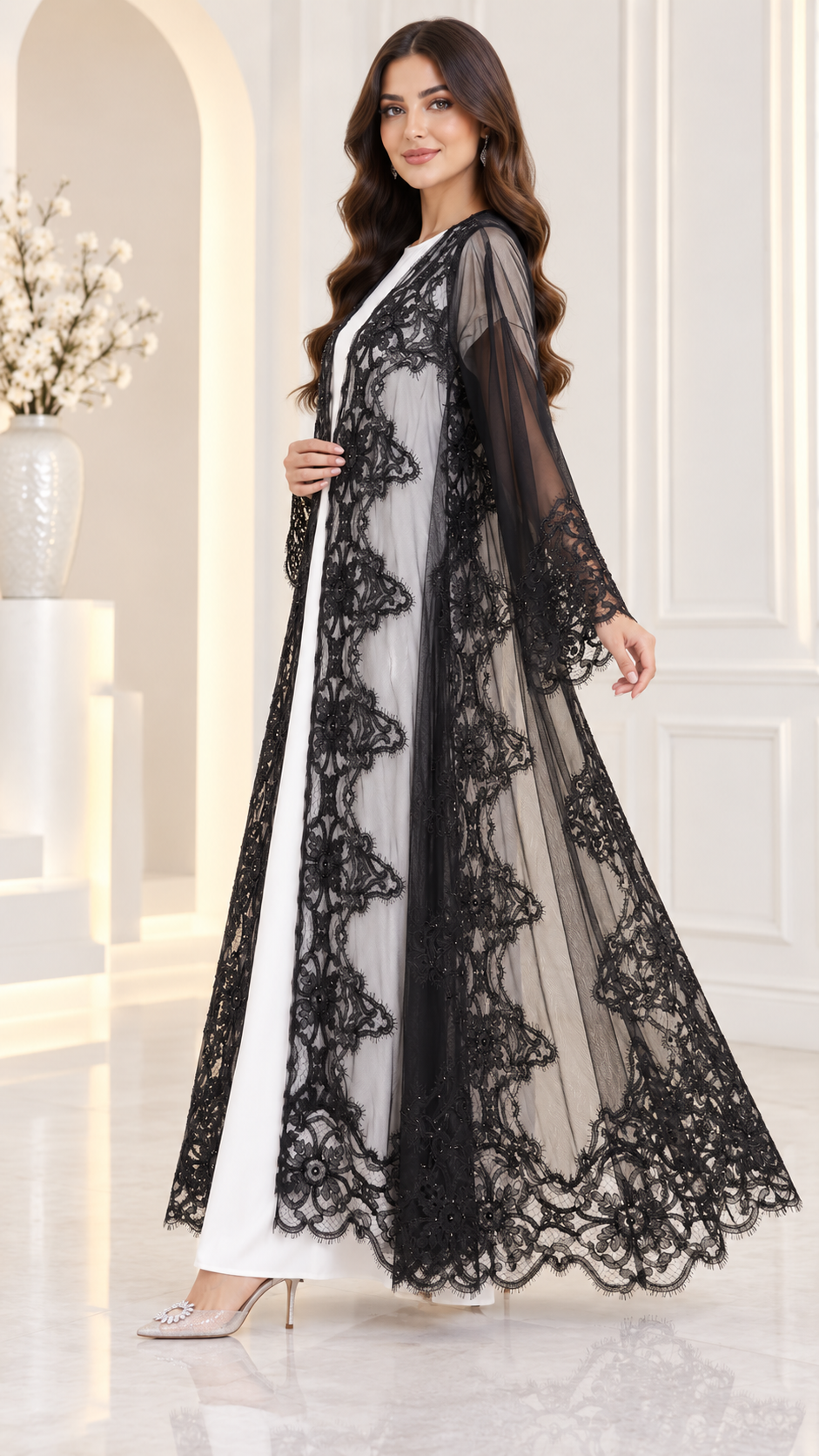 Shaadi Noir Floral Lace Abaya - AF1024