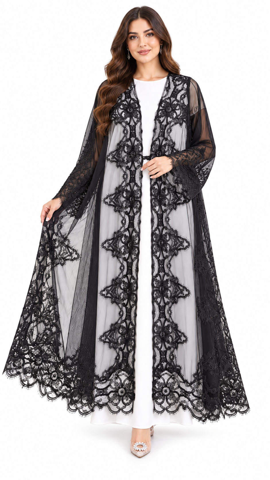 Shaadi Noir Floral Lace Abaya - AF1024