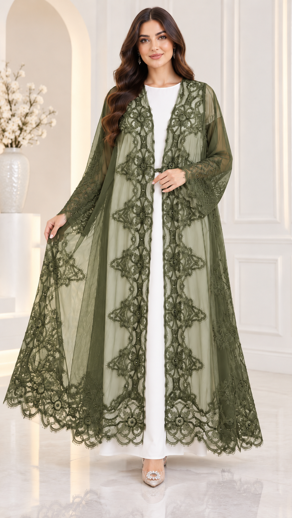 Shaadi Noir Floral Lace Abaya - AF1024