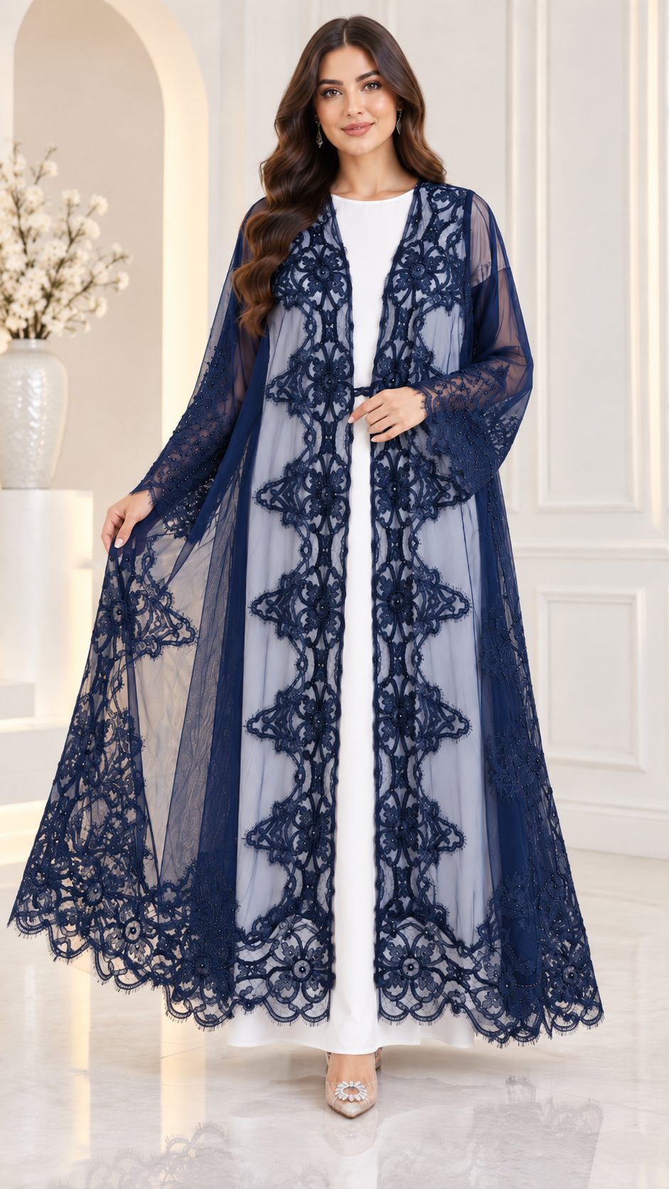 Shaadi Noir Floral Lace Abaya - AF1024