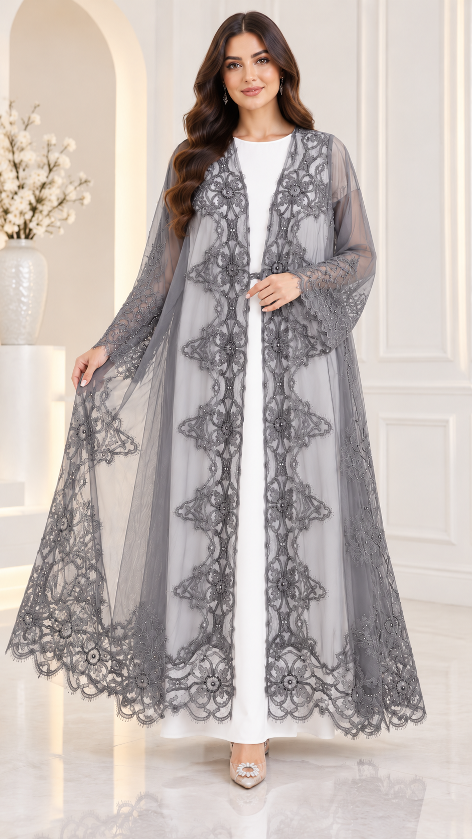 Shaadi Noir Floral Lace Abaya - AF1024