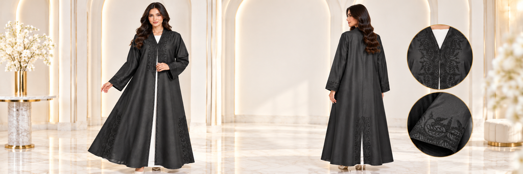 Midnight Paisley Embroidered Side-Slit Abaya - AF1025