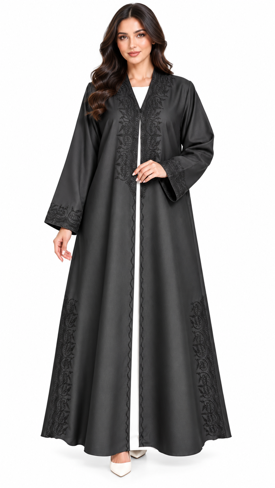 Midnight Paisley Embroidered Side-Slit Abaya - AF1025
