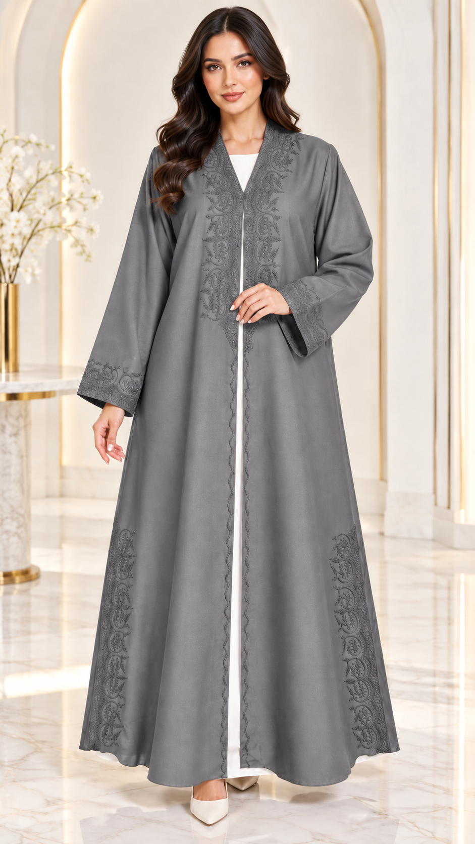 Midnight Paisley Embroidered Side-Slit Abaya - AF1025